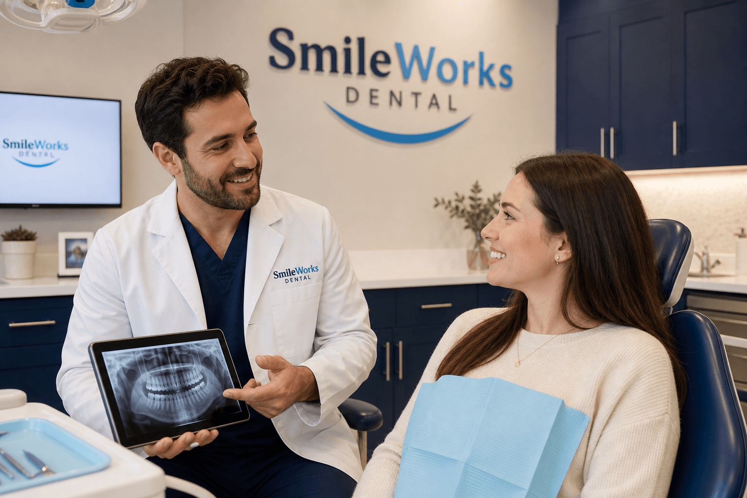 Dentist consulting a patient at SmileWorks Dental